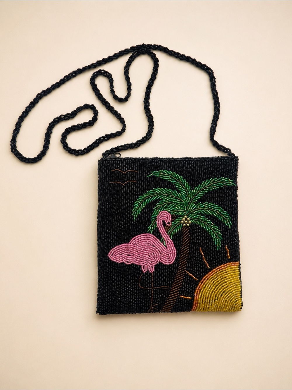 ERMO Beaded Crossbody Bag Flamingo Palm Tree Sun Vacation